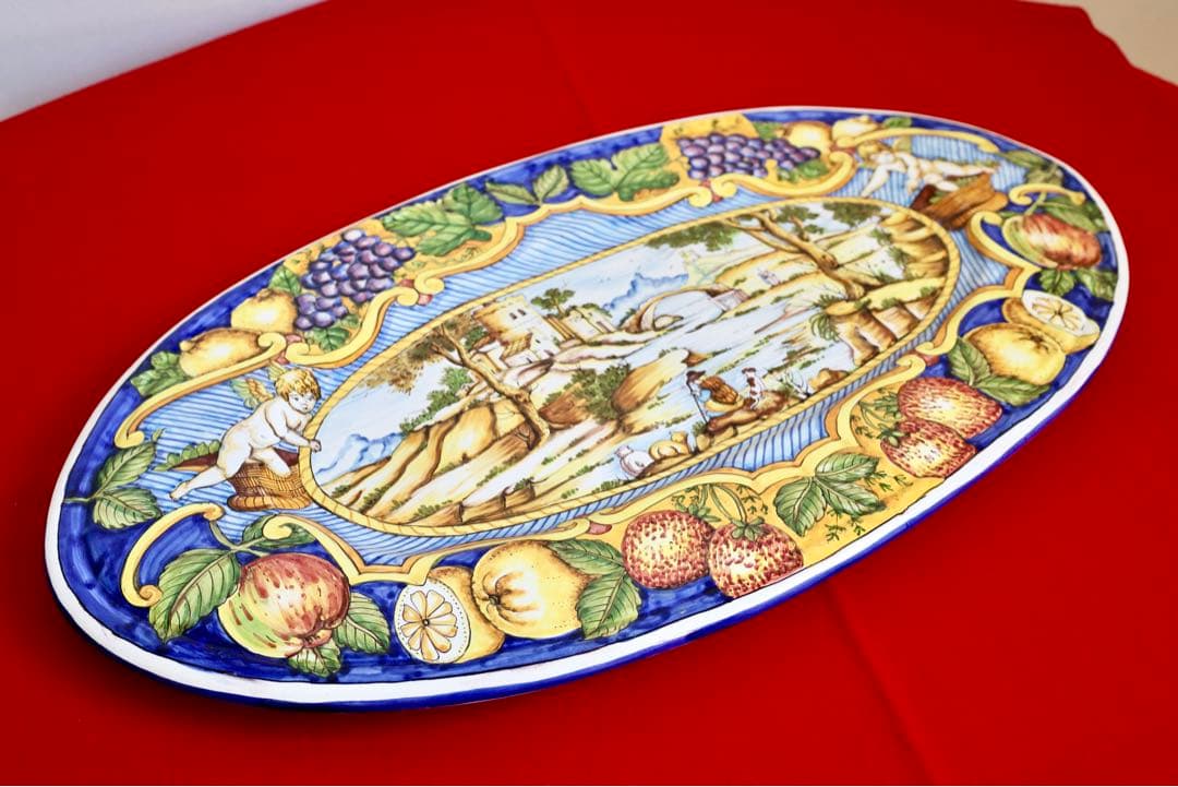 イタリア雑貨・大皿・飾皿【デルータ　マヨルカ焼き　高級絵皿　天使　オーバル皿】