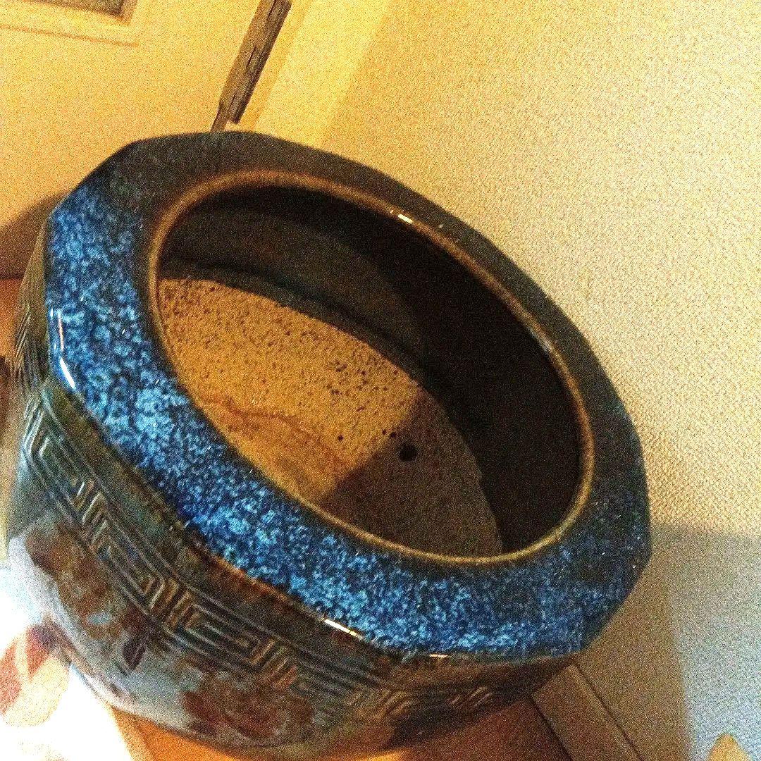 幾何学模様の青茶火鉢★水鉢★金魚鉢等用途多彩