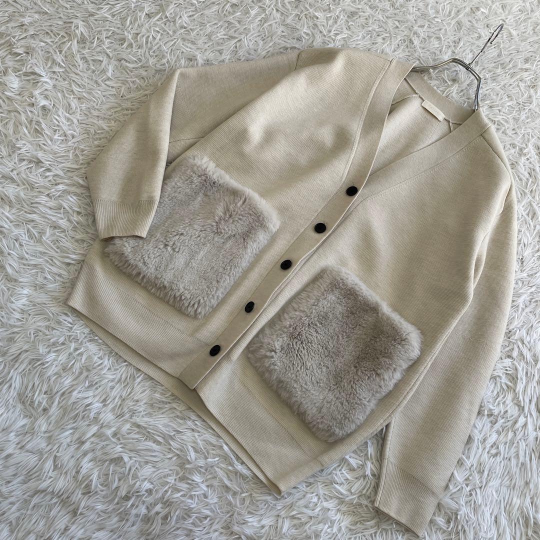 ウールポリエステルミラノリブ ファーポケットカーディガン