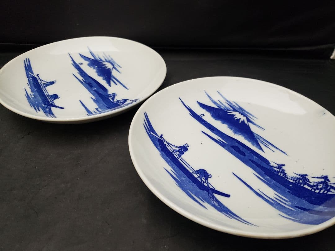 古伊万里　染付皿　5枚　富士山　三保の松原　アンティーク