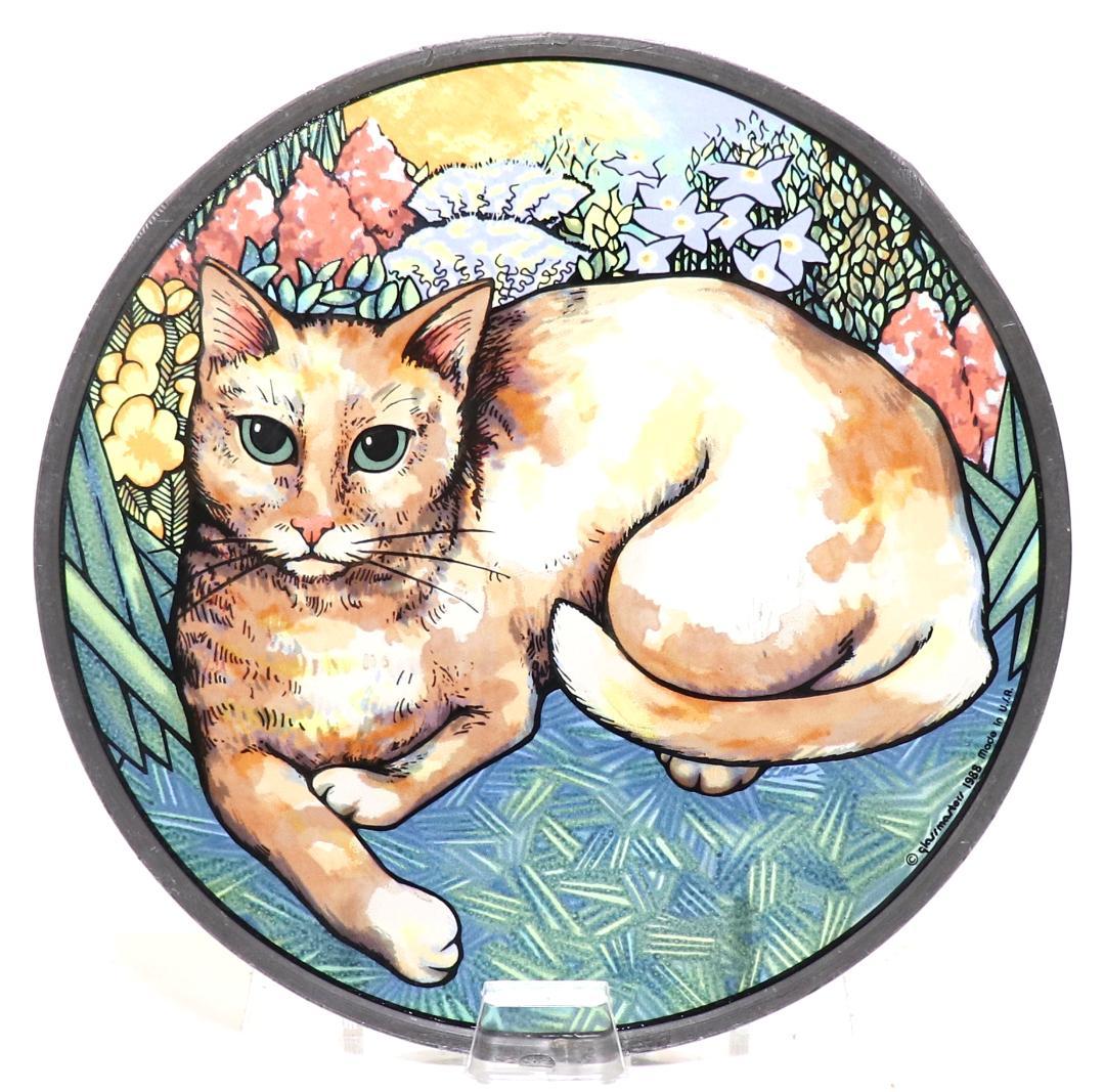 草むらで佇む猫 ヴィンテージ ステンドグラス レアモデル 丸型 ネコ アメリカ