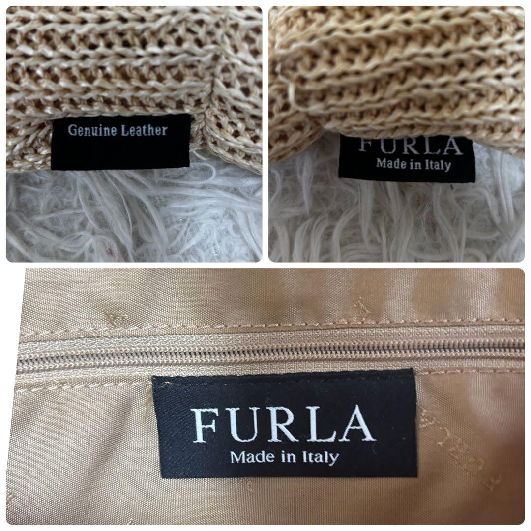 FURLA✨カゴバッグ　トートバッグ　 A4 PC 異素材　ベージュ　本革　麻
