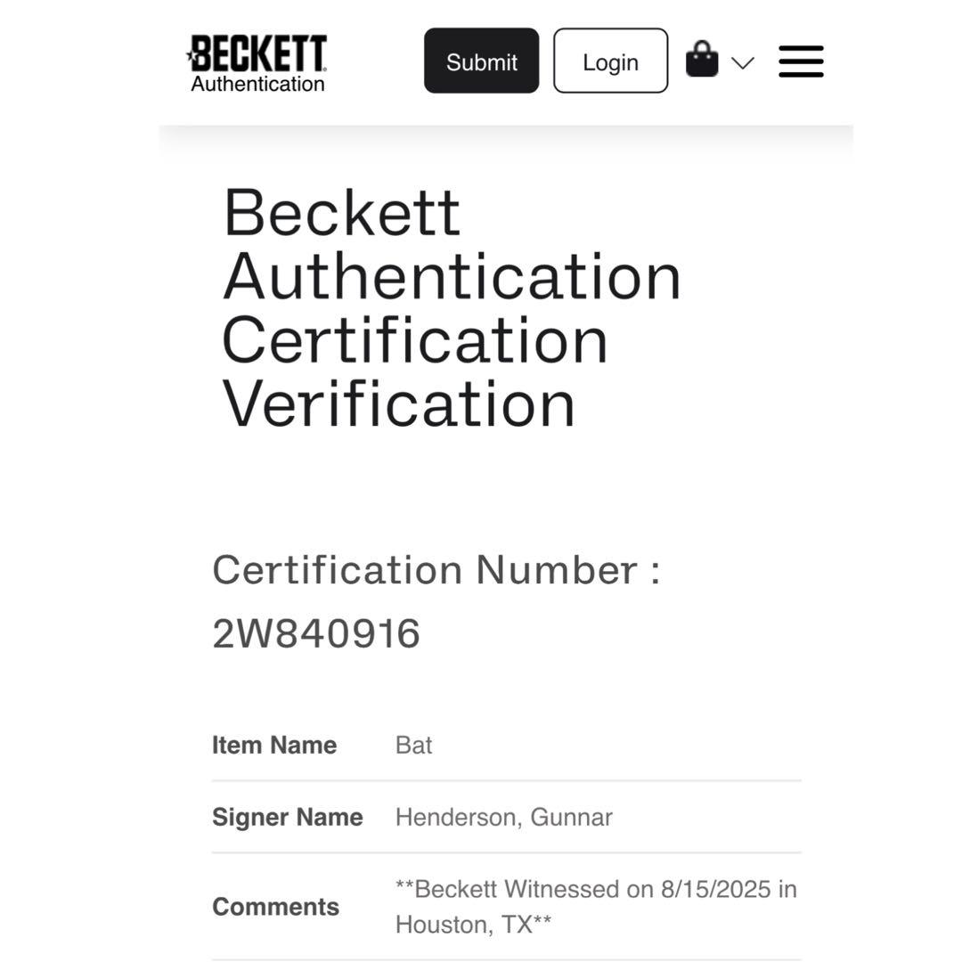 ガナー ヘンダーソン 直筆サイン 実使用モデル バット Chandler 証明付