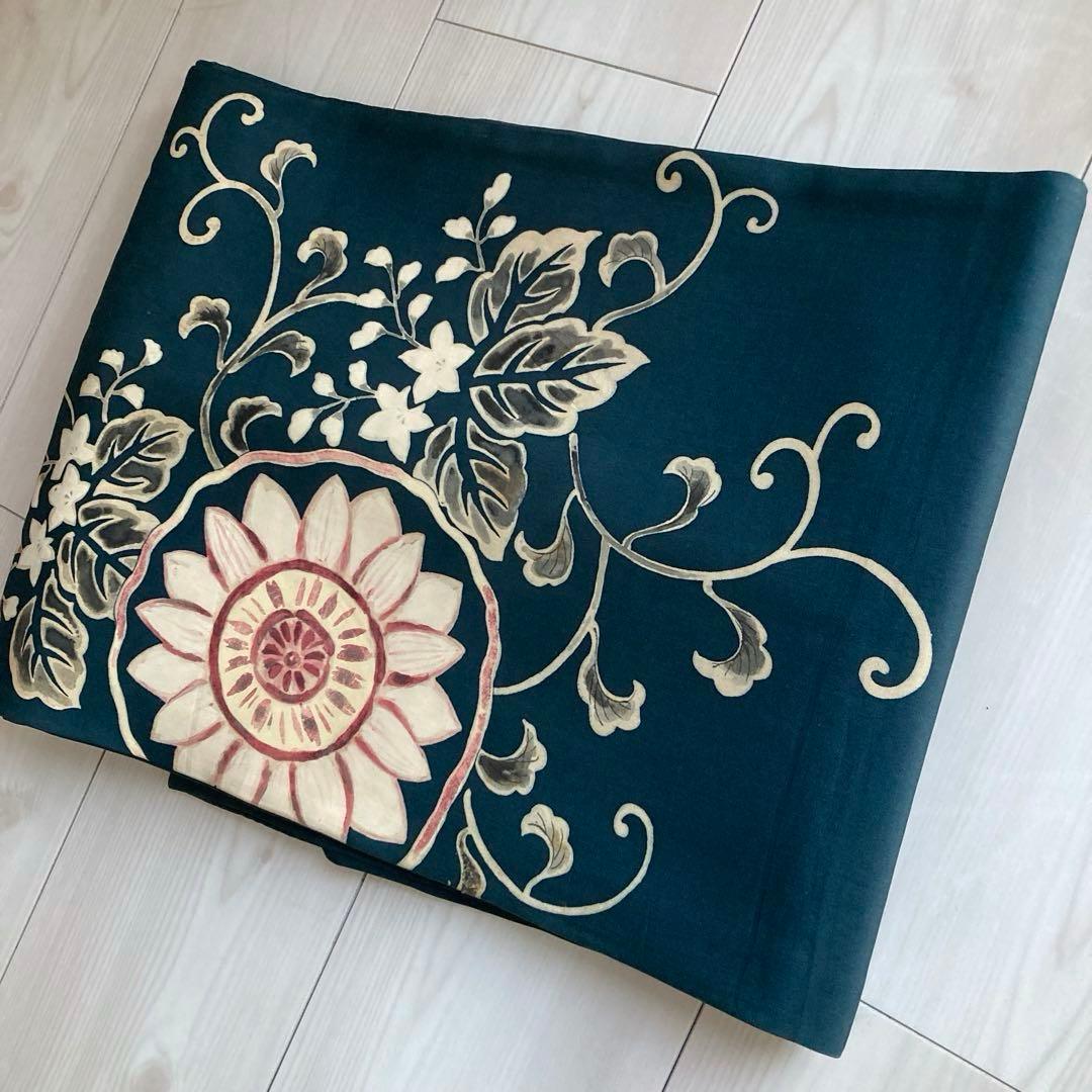 塩瀬の名古屋帯　レトロな向日葵　花唐草模様　上質　正絹　青緑　No2-22