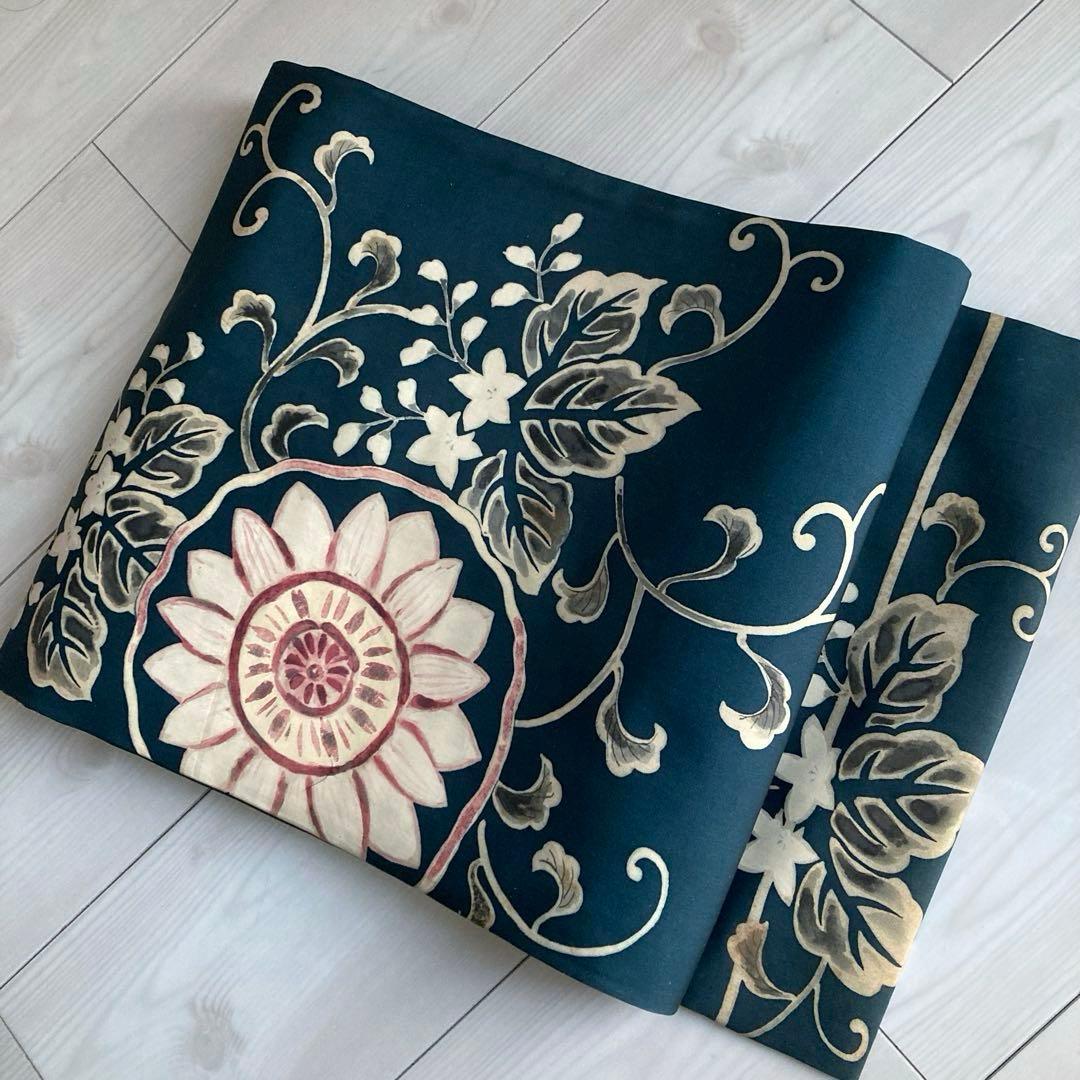 塩瀬の名古屋帯　レトロな向日葵　花唐草模様　上質　正絹　青緑　No2-22