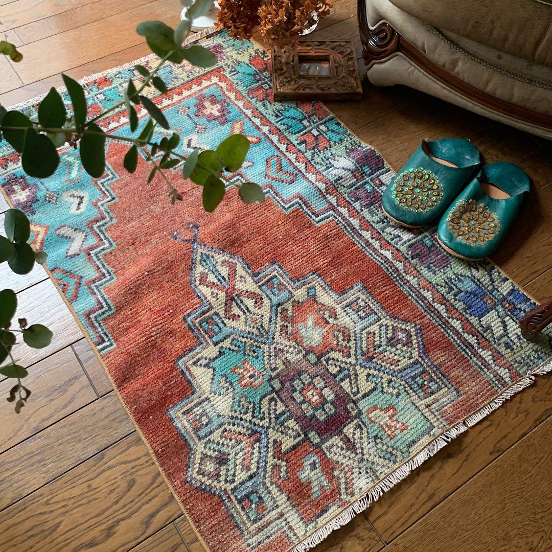 レトロブルー　テラコッタ98×62 メダリオン　トルコヴィンテージラグ