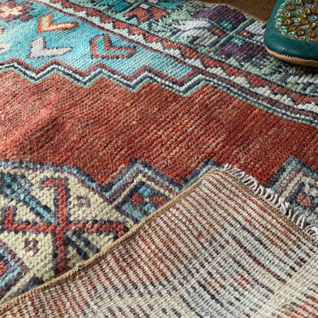 レトロブルー　テラコッタ98×62 メダリオン　トルコヴィンテージラグ