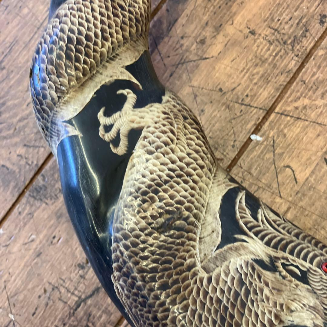 昭和レトロ アンティーク 水牛の角 彫刻 龍 双龍 天然 縁起物 置物 オブジェ