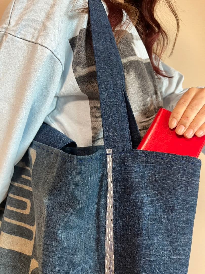 古布リメイクバッグ／襤褸／藍染／刺し子／大きめバッグ／パッチワーク／ショルダー