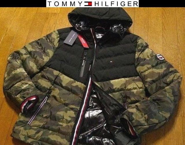 L日本サイズ位トミーヒルフィガーUSA限定ダウンジャケット マットブラック×カモ
