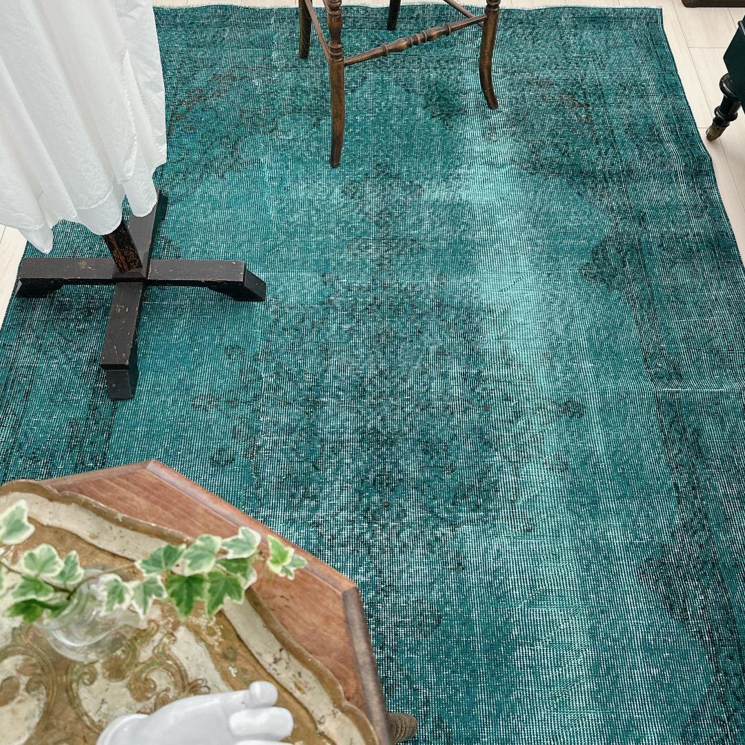 トルコヴィンテージラグ A82 大判 ダークターコイズブルー オーバーダイラグ
