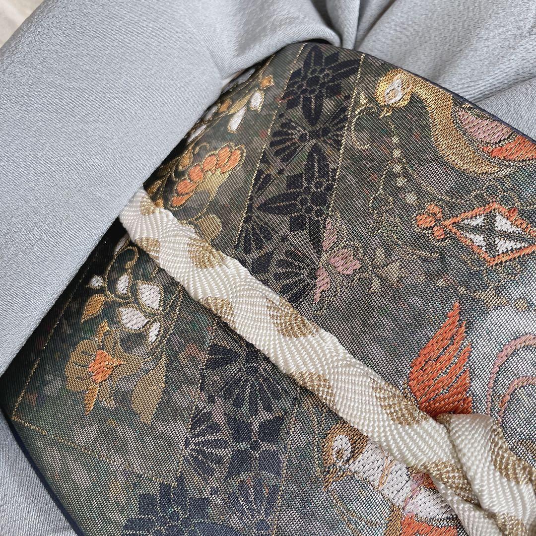 色無地　フルセット　青系　くすみブルー　縮緬　シンプル　礼装　カジュアル　H2