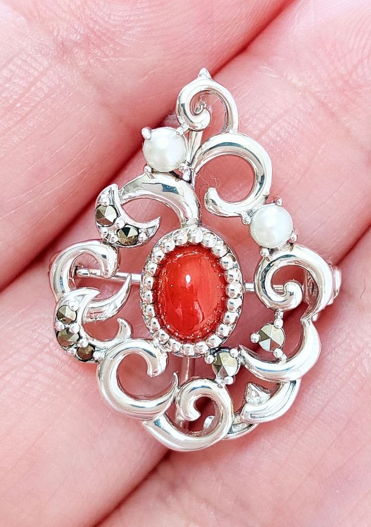 未使用品 碌山 赤珊瑚 シルバー ブローチ 兼 ペンダント