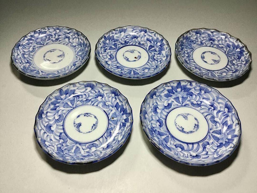 古伊万里◆染付 線描 小皿5枚◆江戸後期 幕末 手塩皿 小皿 豆皿 有田 花唐草