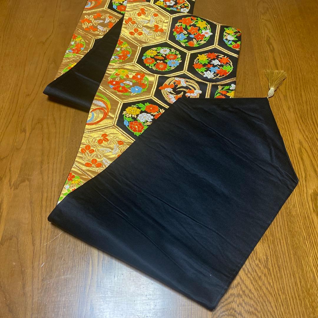 table runner 亀甲取り花丸　帯リメイク　長尺250㎝