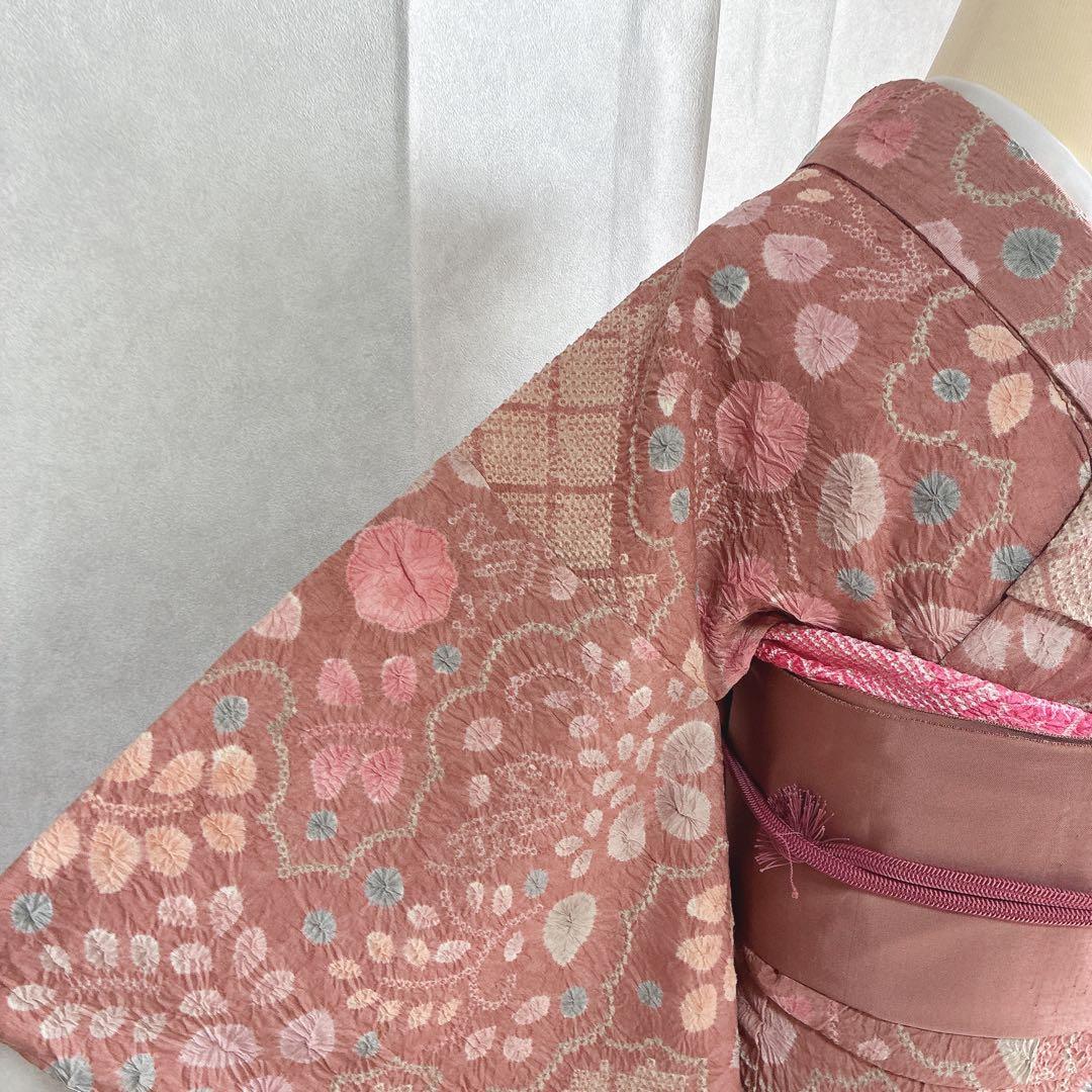 小紋　フルセット　着物　正絹　絞り　しつけ糸付き　和らぎピンク　華やぎ　G9