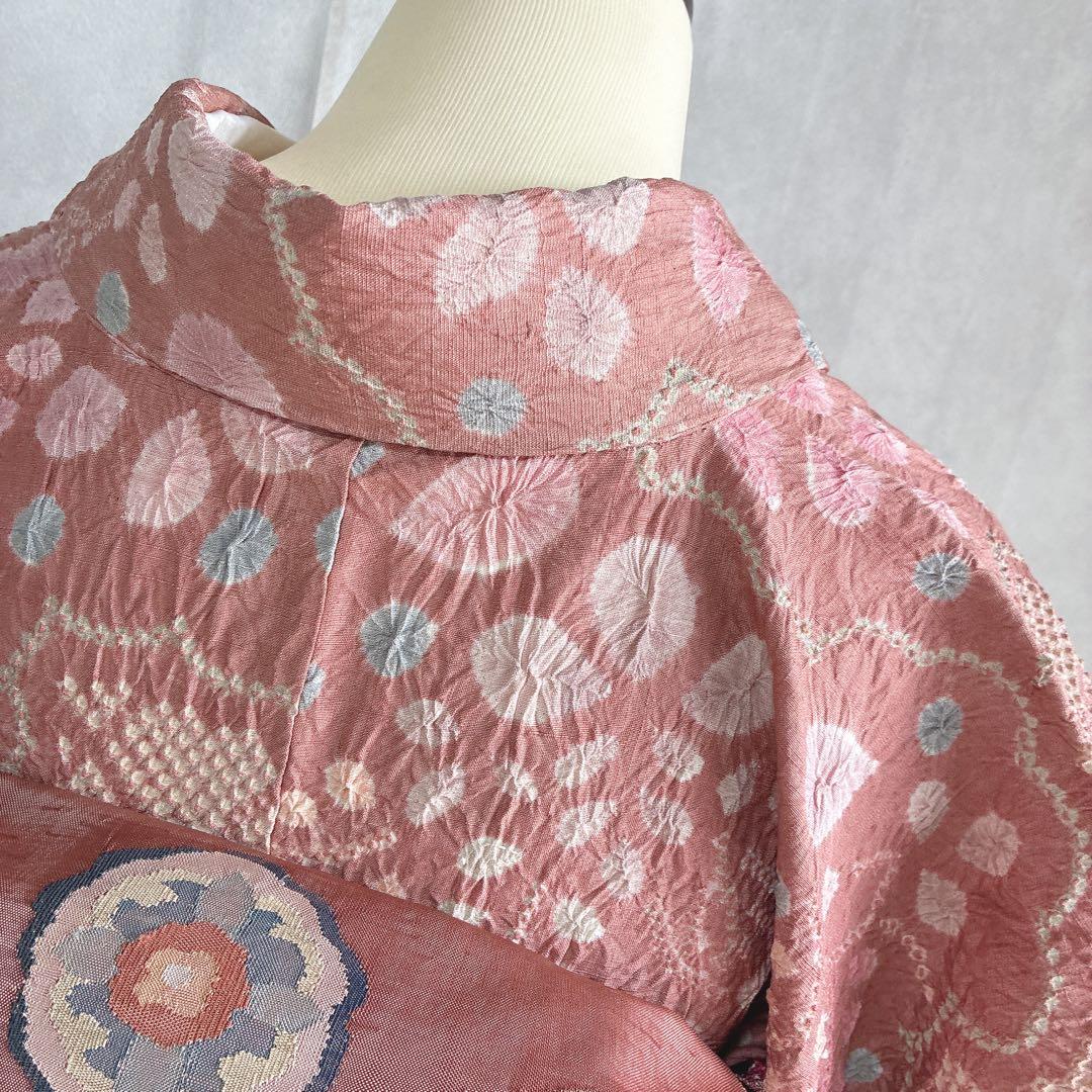 小紋　フルセット　着物　正絹　絞り　しつけ糸付き　和らぎピンク　華やぎ　G9