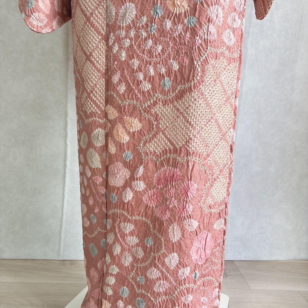 小紋　フルセット　着物　正絹　絞り　しつけ糸付き　和らぎピンク　華やぎ　G9