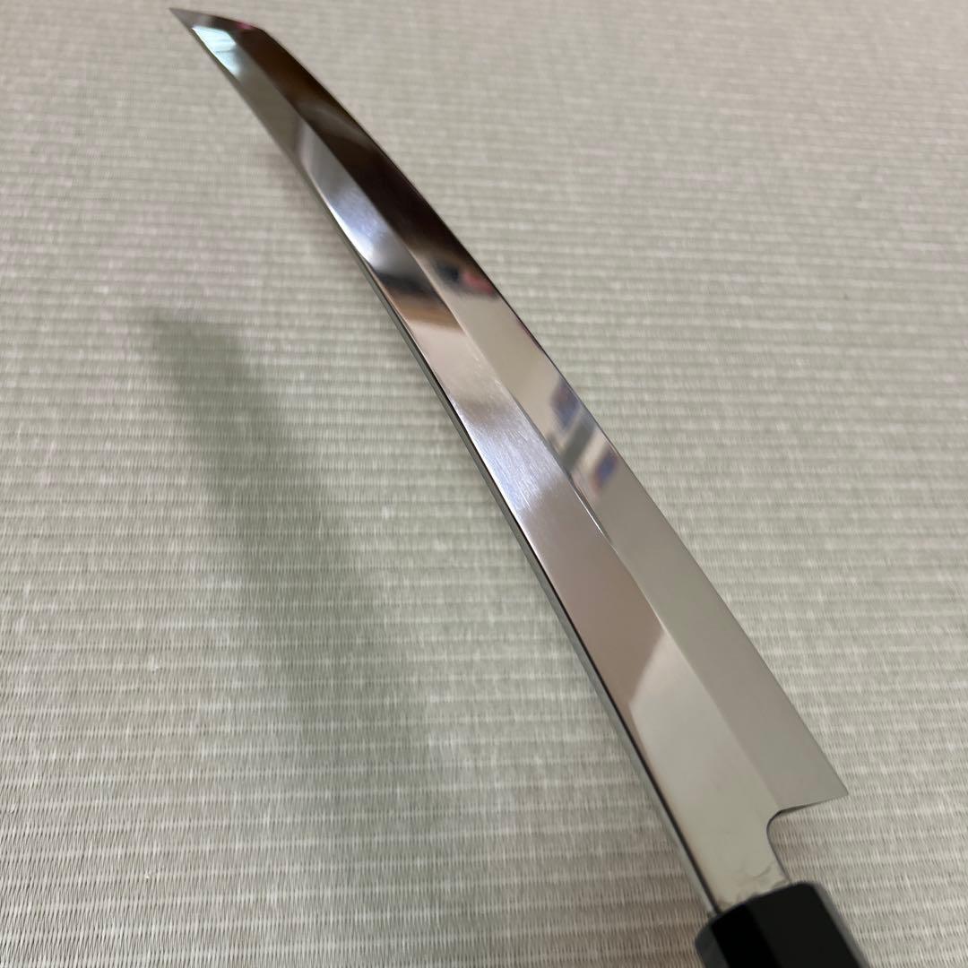 先丸　柳刃　包丁　和包丁　V金10号　本焼　鏡面　鬼反り　尺二　黒檀黒水牛八角柄