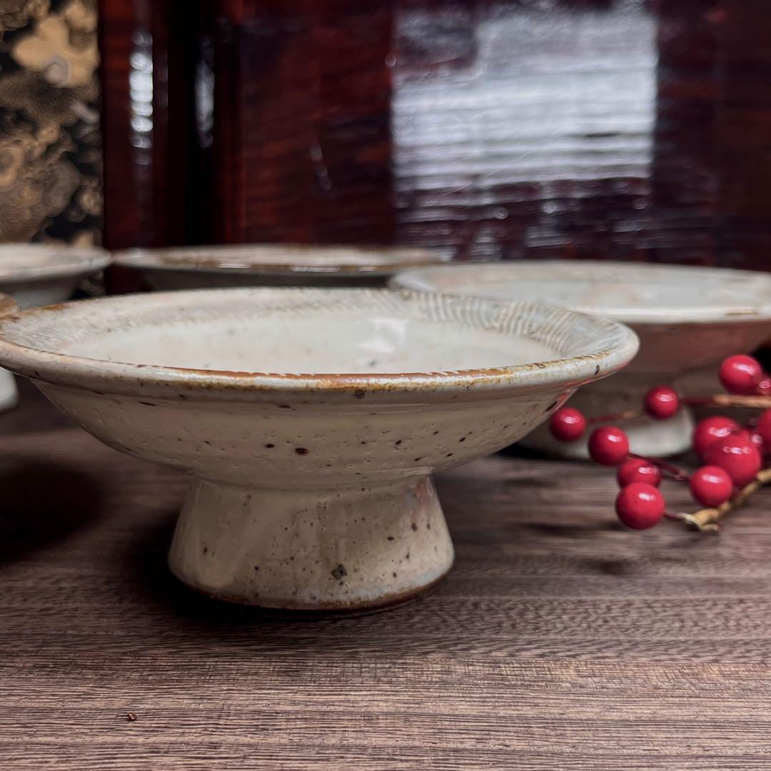 【土物はいい❗️】 信楽焼 粉引き 御本手 高台皿 セット 向付 銘々皿 櫛目