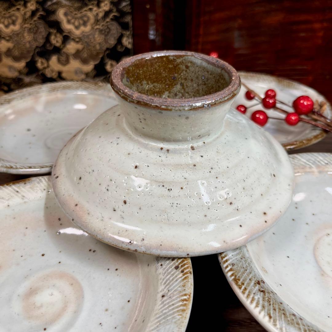 【土物はいい❗️】 信楽焼 粉引き 御本手 高台皿 セット 向付 銘々皿 櫛目