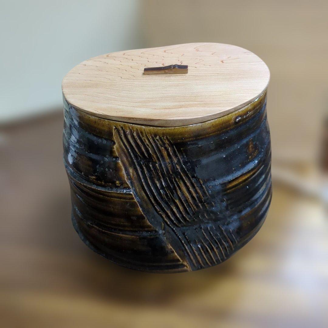 水指　木製蓋付き 瀬戸　水野双鶴　茶道具　茶道　陶器　木箱大振り