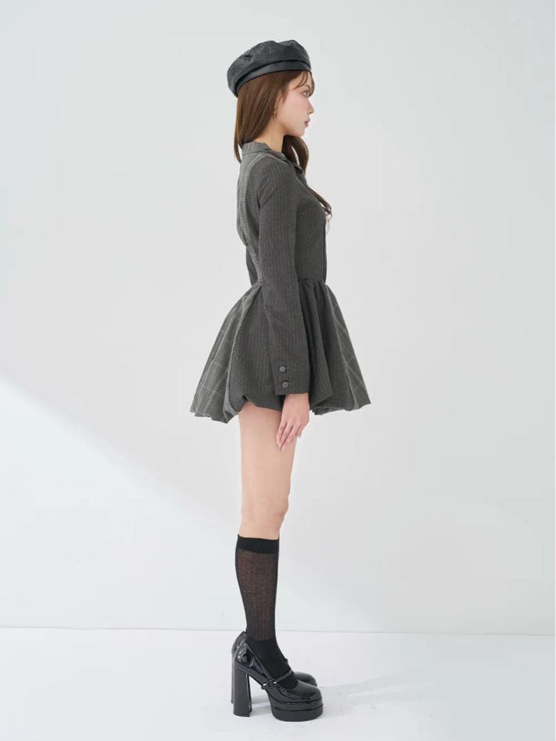 チェックストライプバルーンミニワンピース GRY FREEサイズ ノベルティ付き