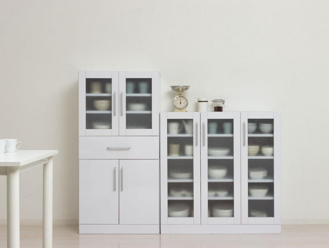 ヌーヴォー　食器棚　サイズ90-90　収納棚　鏡面メラミン仕様　背面化粧仕上げ