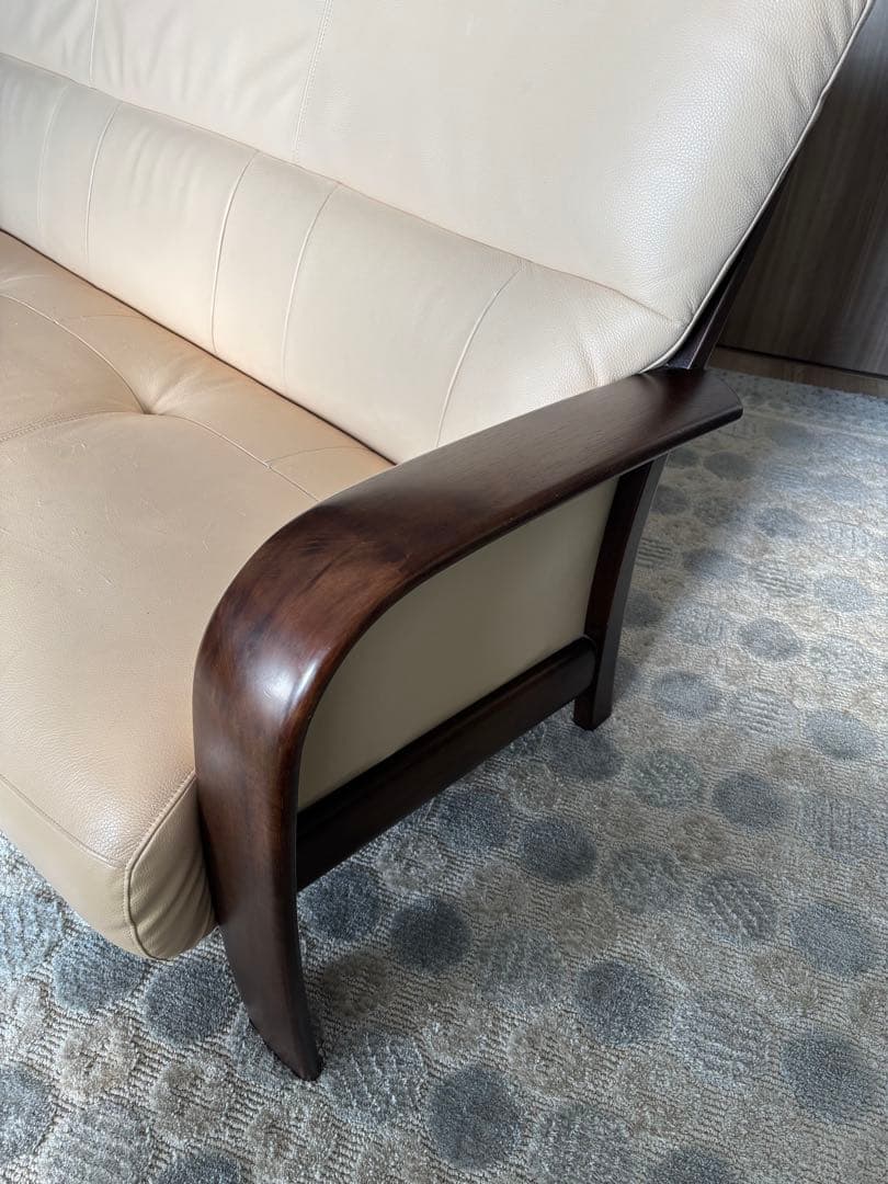 【送料込】カリモク 本革 レザー ハイバック3人掛 トリプル ソファ 木肘