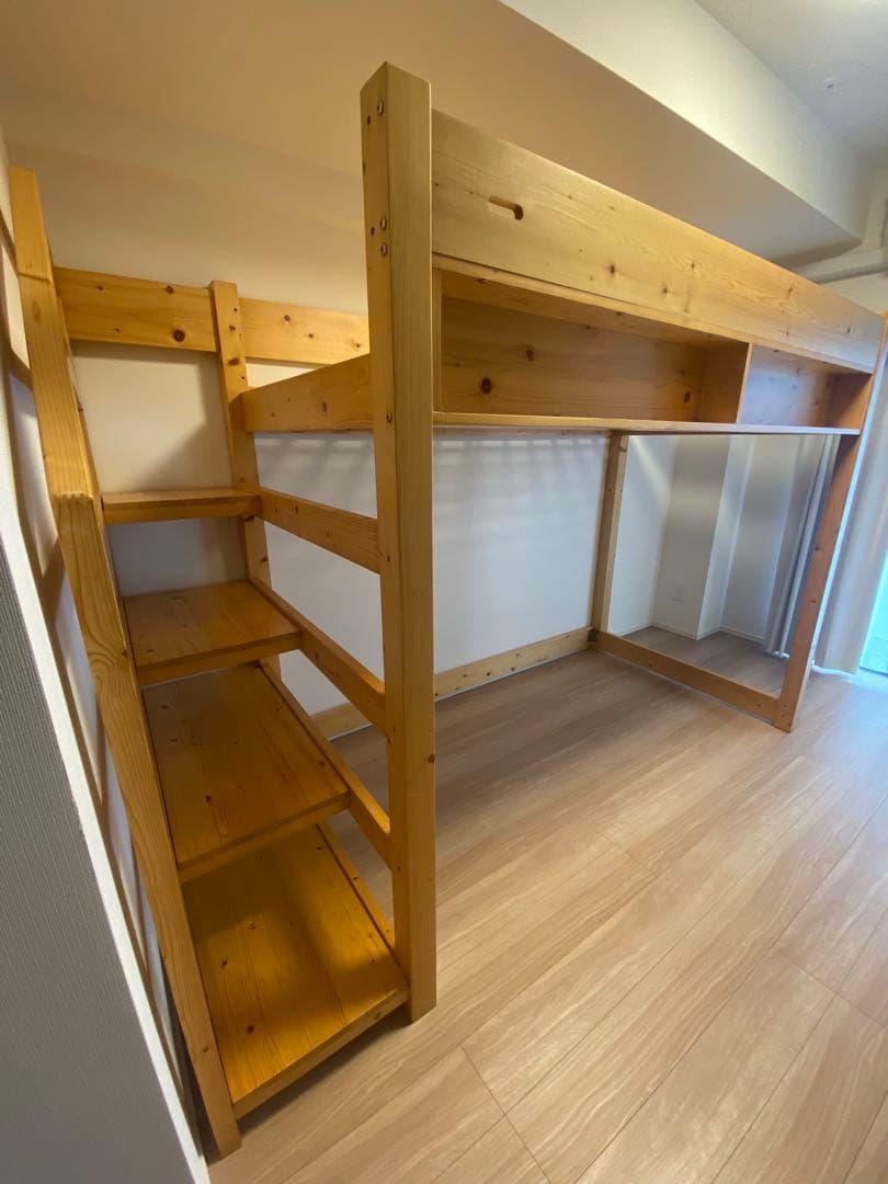 木製ロフトベッド シングルサイズ 収納棚と階段付き