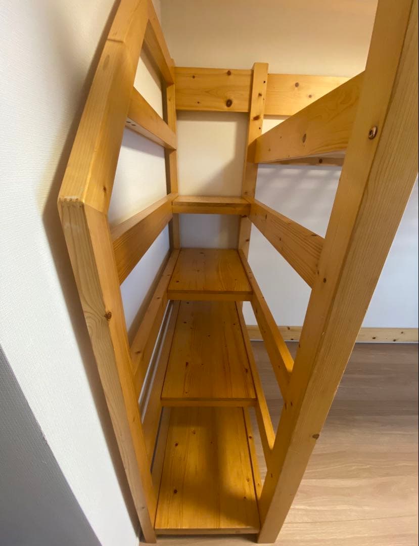 木製ロフトベッド シングルサイズ 収納棚と階段付き