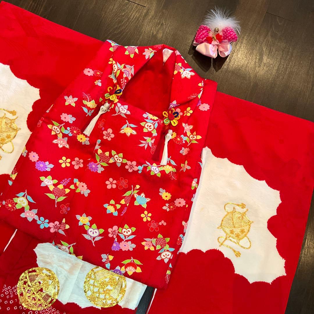 アンティーク 七五三 三歳 フルセット 着物 被布 小物一式 正絹 手鞠 赤