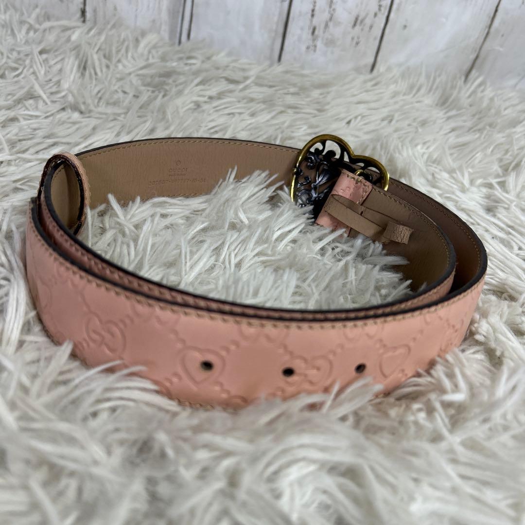 GUCCI ベルト　ハート　ロゴ　GG シマ　ピンク　レザー　レディース