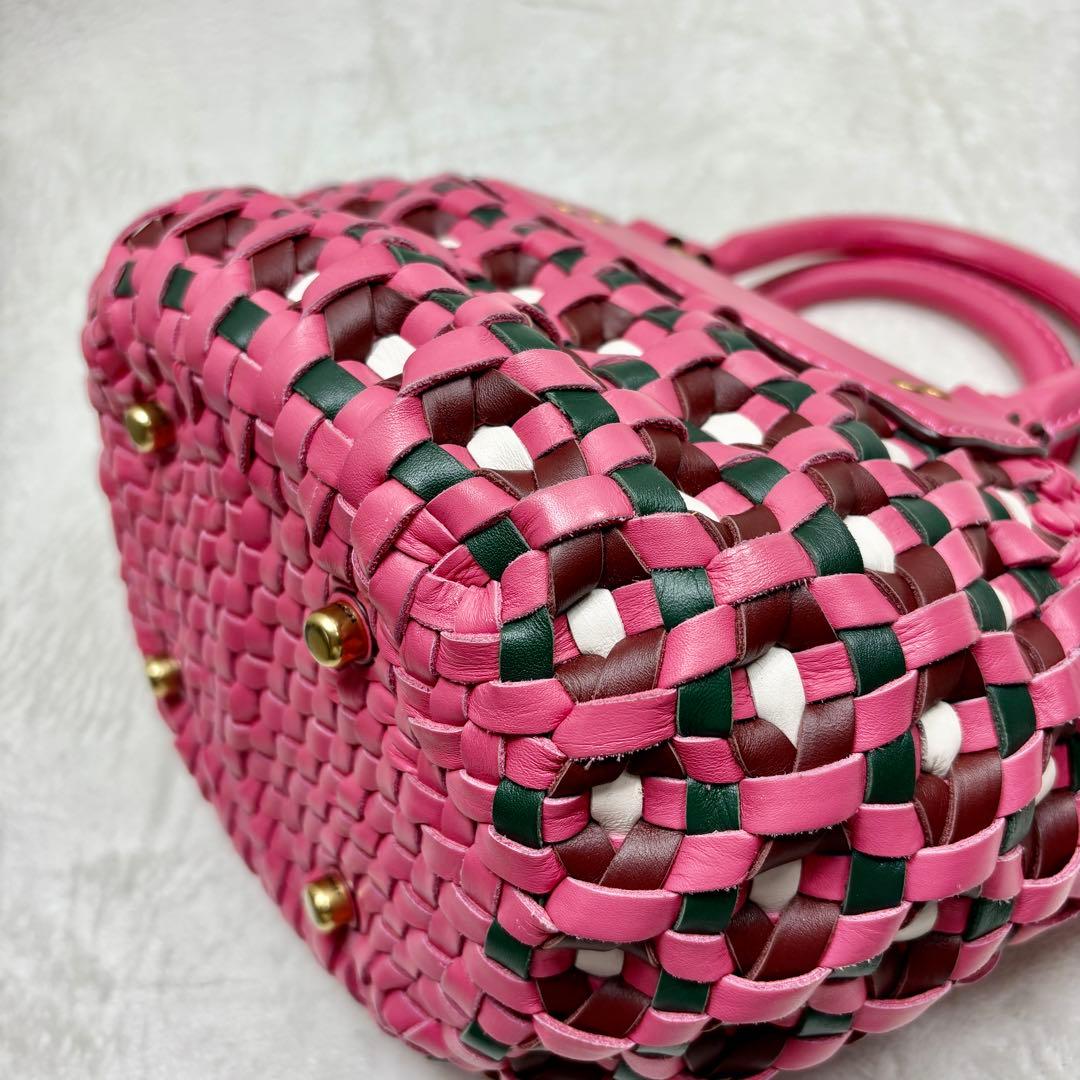 COACH コーチ ウーブントート ピンク 編み込みレザー かごバッグ