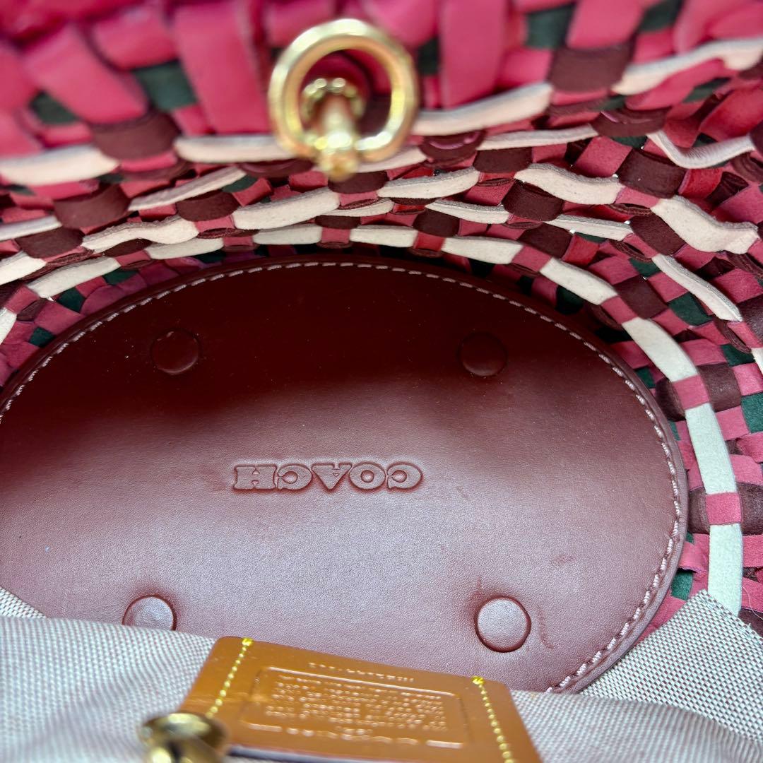 COACH コーチ ウーブントート ピンク 編み込みレザー かごバッグ
