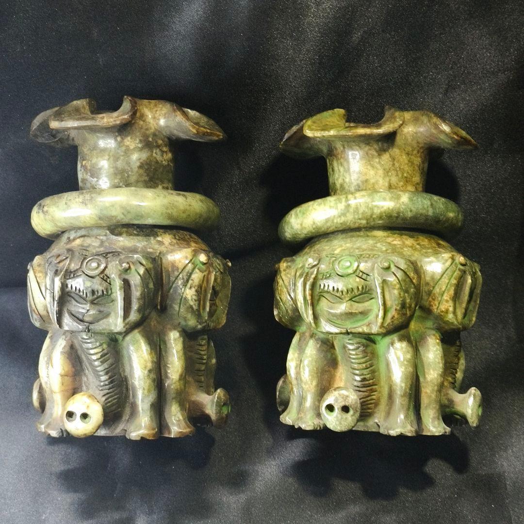 中国骨董 玉香炉一対 天然石 遊環 四面神獣立像 手彫り 作家物 風水 古美術品