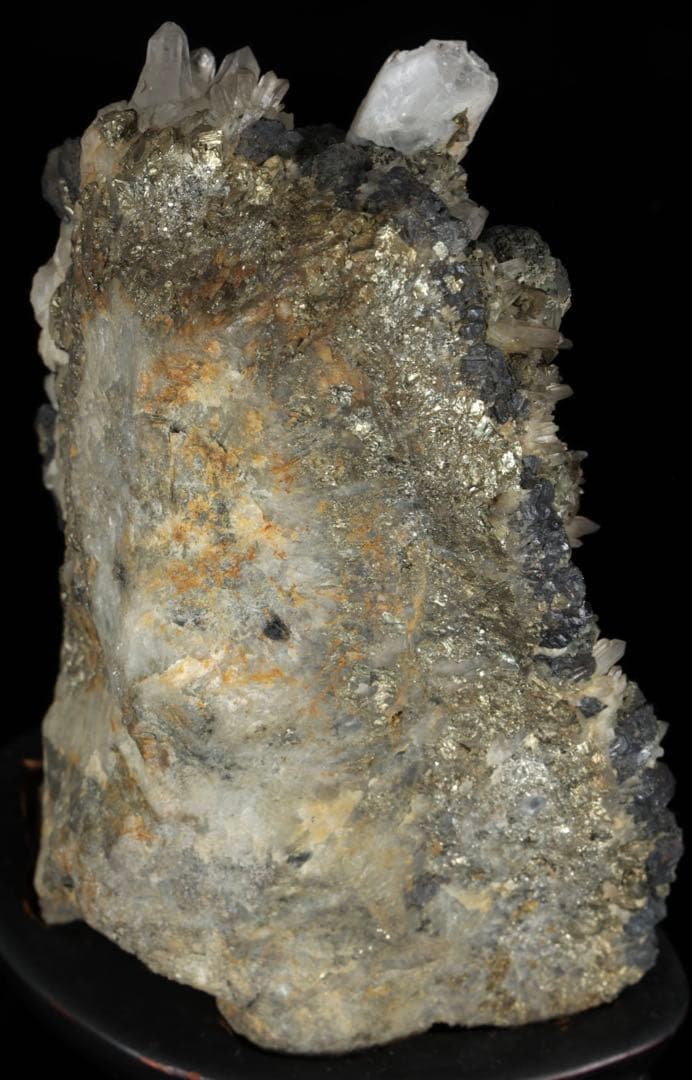 国産 白水晶クラスター 黄鉄鉱共生 青色虹彩 鑑賞石 原石 台座付 2166g