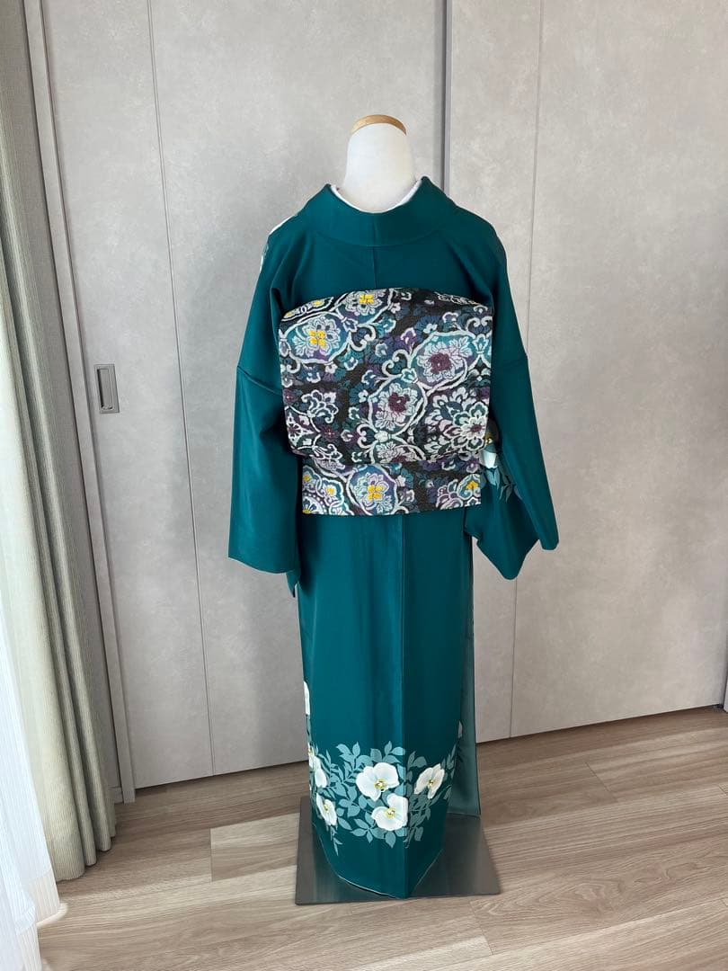 着物 訪問着 深緑色 花柄