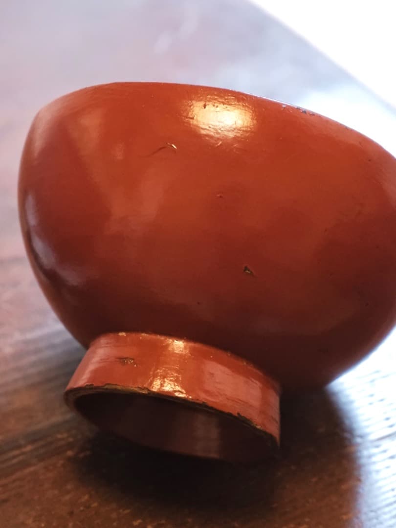 根来塗　朱漆椀　江戸時代　茶碗　十字文　漆工芸　古道具　Q2356