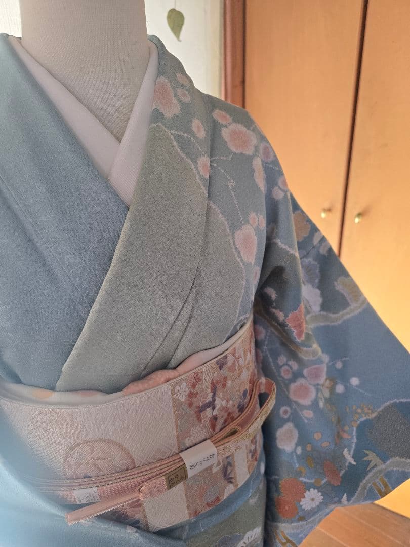 作家物　刺繍　４点フルセット　裄丈長め　訪問着　霞取りに花模様　袋帯