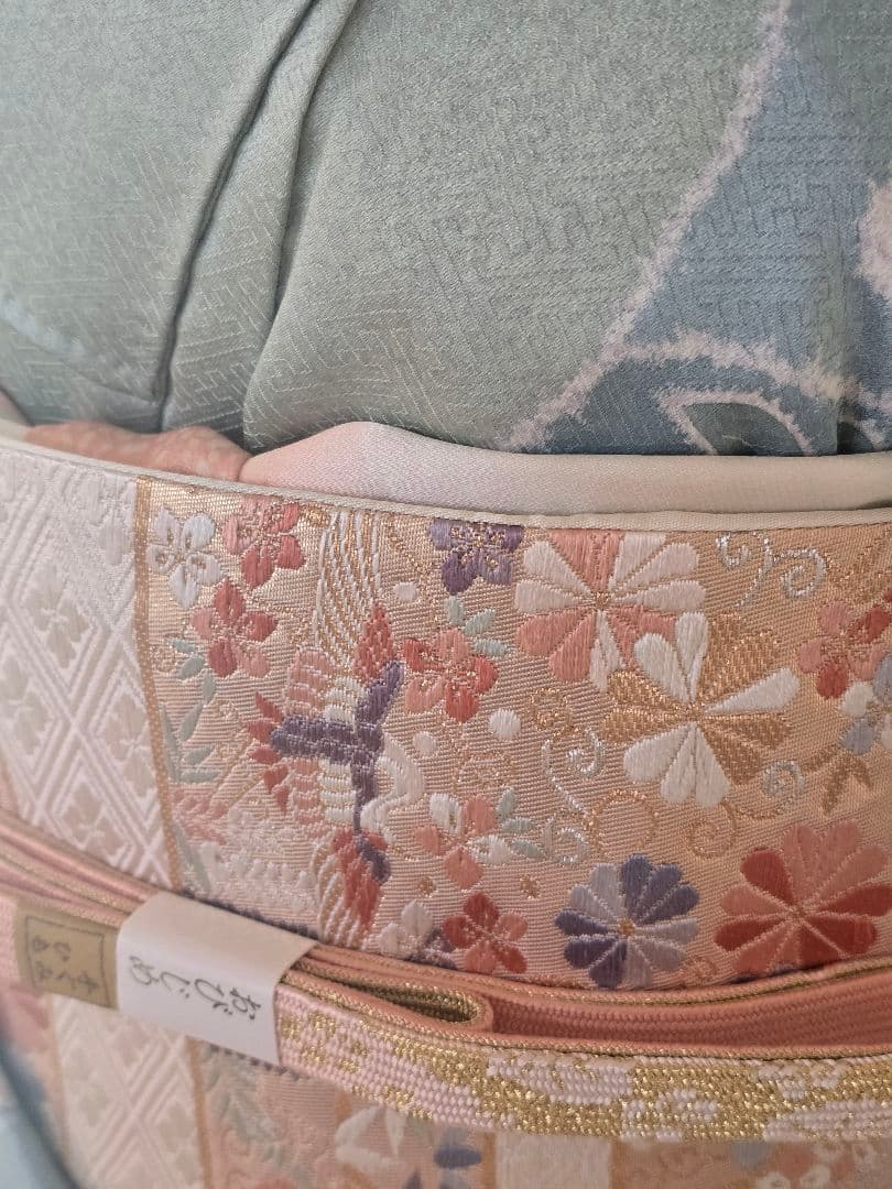 作家物　刺繍　４点フルセット　裄丈長め　訪問着　霞取りに花模様　袋帯