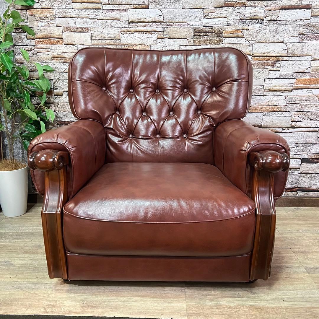 ꧁カリモク家具 karimoku꧂1人掛けアームソファ ブラウンレザー 合成皮革