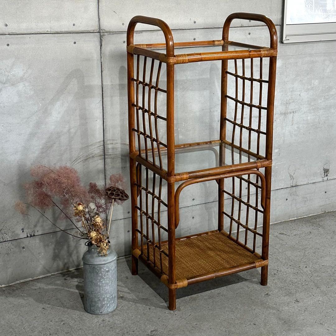 ꧁オールドラタン꧂80s ｜ガラスラック 3段｜アジアン・ボタニカル