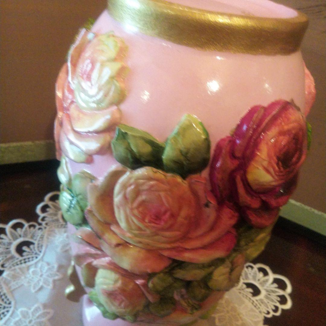 デコパージュ 作家 花瓶 特大 バラ ピンク ゴールド