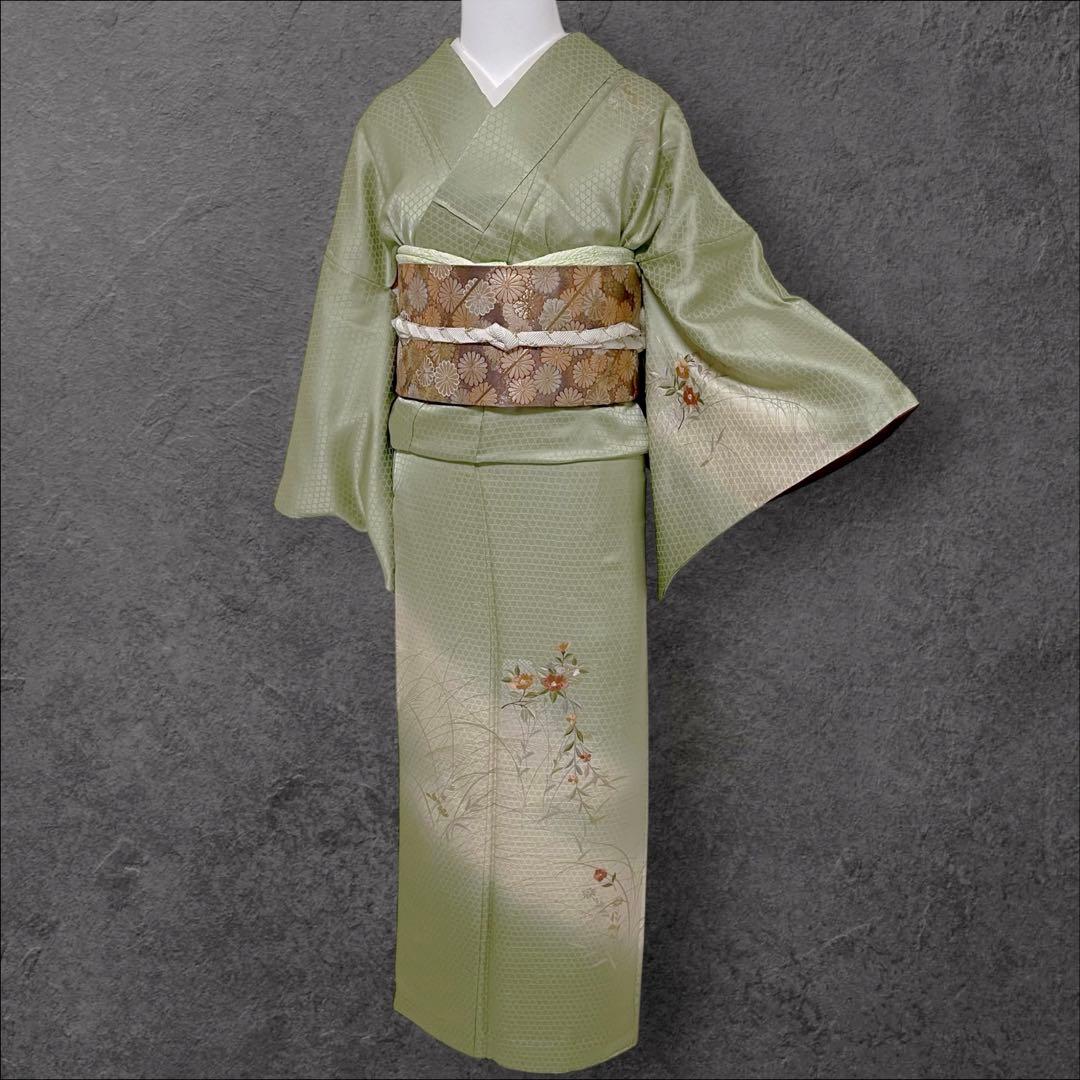 k233 正絹 亀甲地紋 訪問着 4点フルセット 身丈156裄丈65