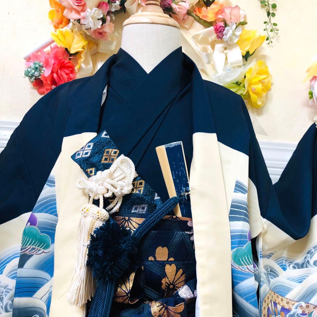 七五三　男の子￼￼￼‼️祝着・羽織・袴セット　鷹鷲立波絵巻花文金彩⭐︎完全フルセット