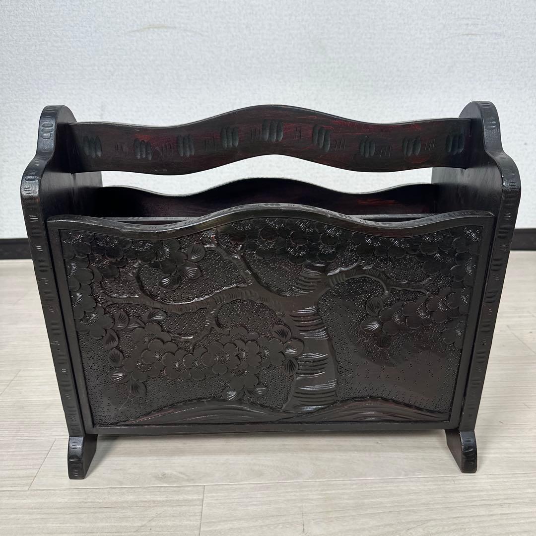 軽井沢彫り マガジンラック スリッパラック アンティーク 工芸品 桜柄 i1※