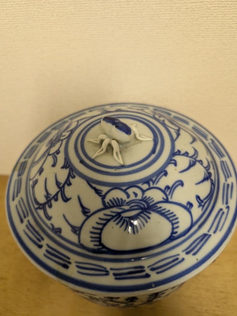 中国古陶磁 青花蓋罐 清末頃 花文 蓋壺 古美術 時代物