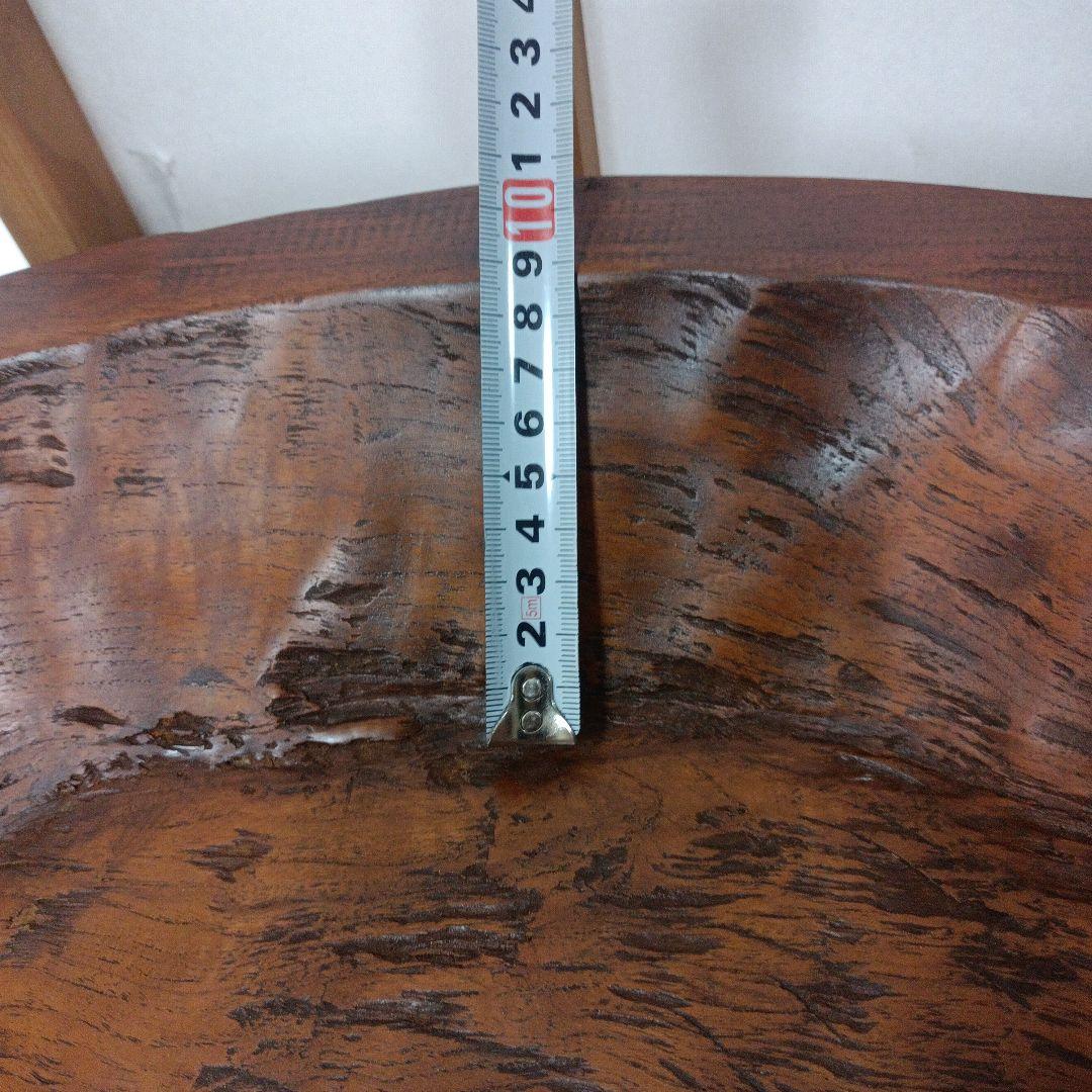 希少　古民家蔵出し品　天然木　座卓　丸テーブル　手彫り　ガラス板付き