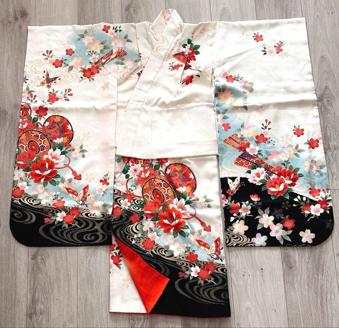 美品 七五三 7歳向け 正絹振袖＋袋帯セット 豪華金彩刺繍入り 古典柄 お祝い用